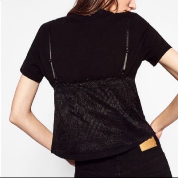 ZARA Black Short Tee w Lace Overlay Tank Top - Picture 4 of 10